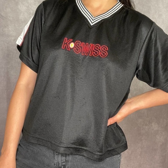 Vintage K-Swiss Jersey Shirt Womens Small Medium USA V-Neck Embroidered Black - Picture 14 of 14